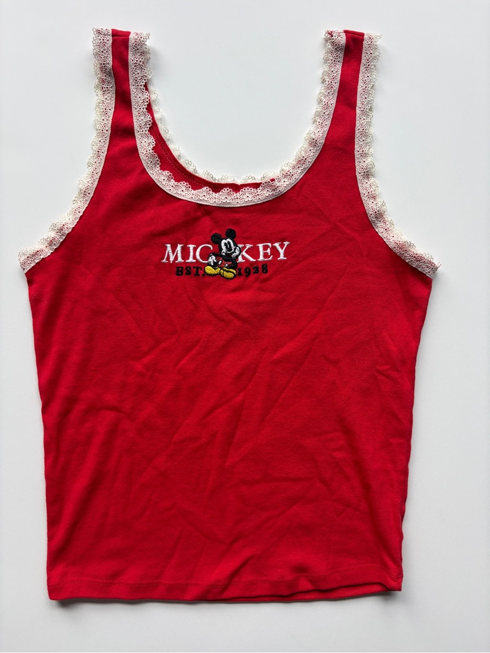 Disney Mickey Mouse embroidered red tank with lace trim